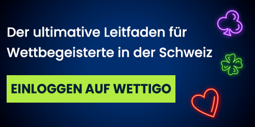 Werbebanner für Wettigo Casino Willkommen bonus mit bunten Leuchtsymbolen und Hinweis für Sportwetten in der Schweiz