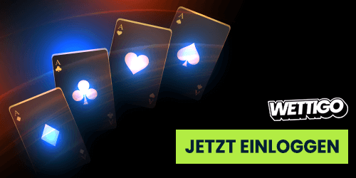 Schwebende Ass-Spielkarten mit Leuchteffekten neben dem Login-Bereich von Wettigo