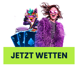 Frau in auffälligem Outfit mit Spielkarten und animierter Figur vor Wett-Button