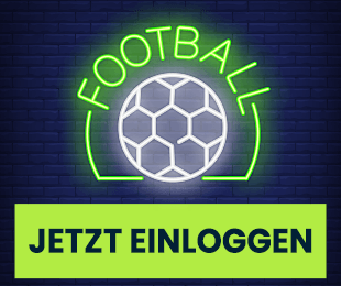 Neon Fußballsymbol mit grünem Button zum Einloggen auf dunkelblauem Hintergrund
